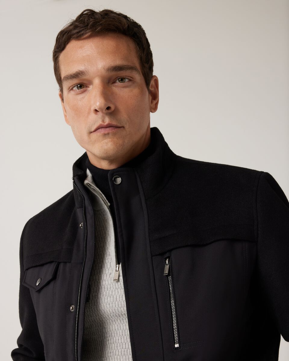 Funnel Neck Contrast Wool Blend And Tech Fabric Coat, Black, hi-res